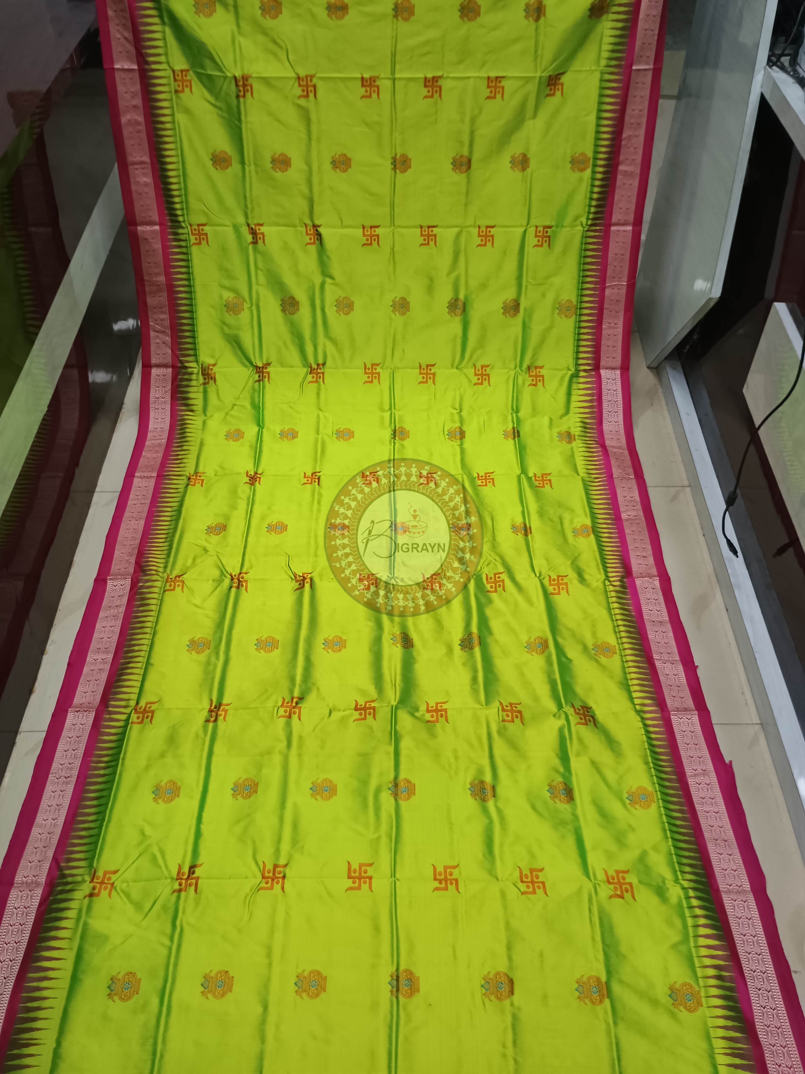Neon Green Magenta Swastik Kalash Silk Saree