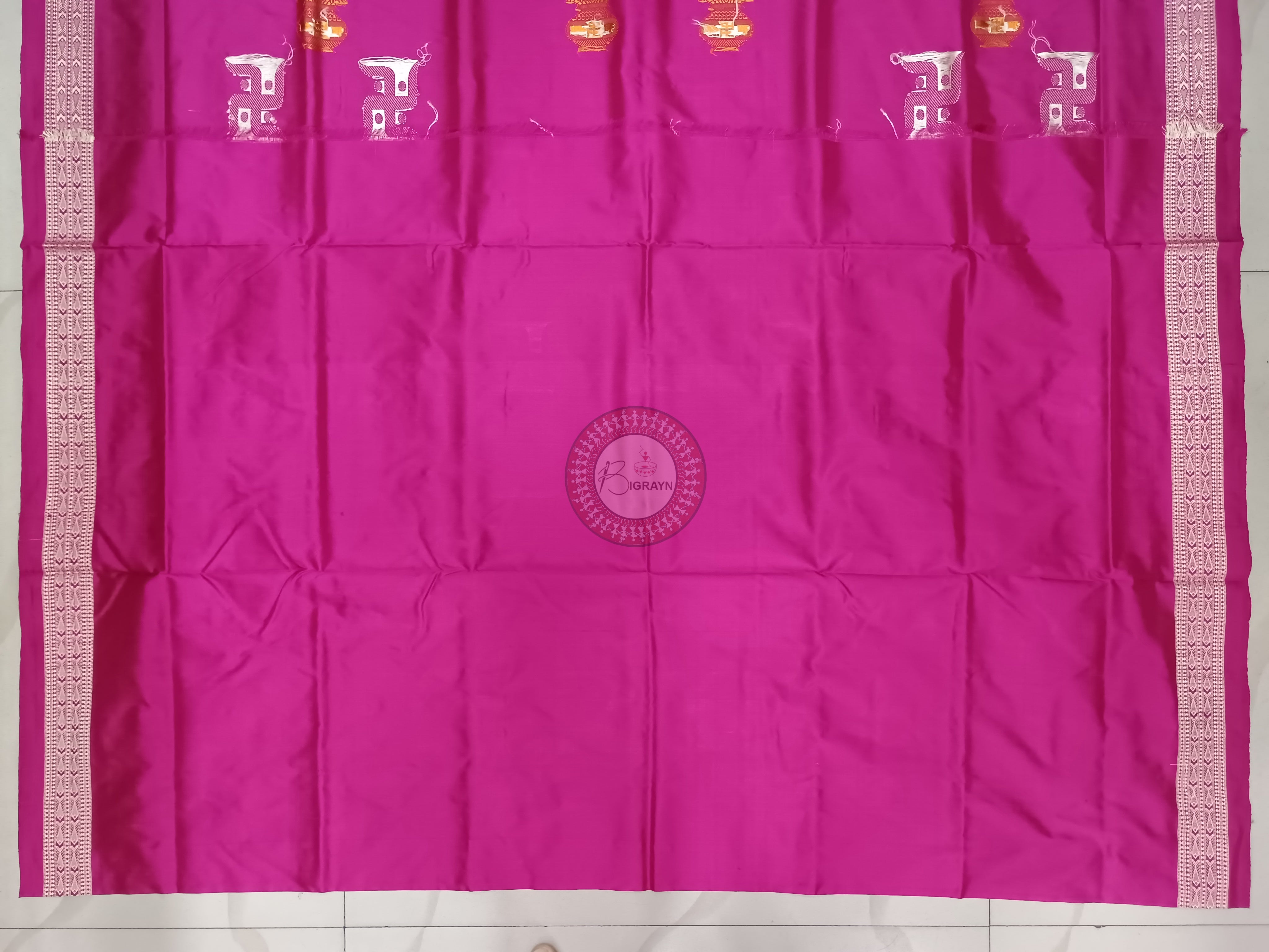 Neon Green Magenta Swastik Kalash Silk Saree