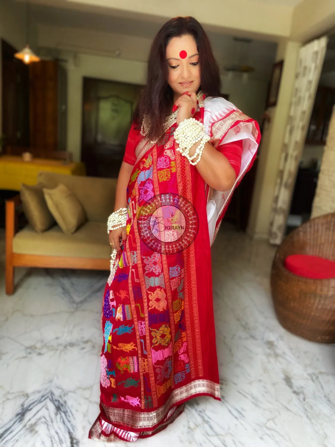 White Red Rasleela Exclusive Sambalpuri Silk Saree