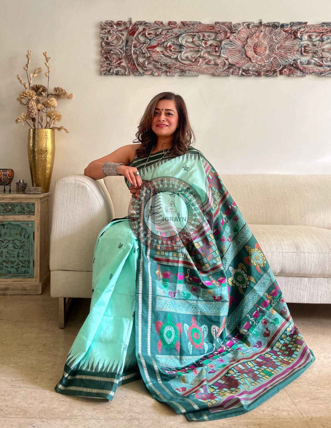 Aqua Green Chilika Theme Exclusive Sambalpuri Silk Saree