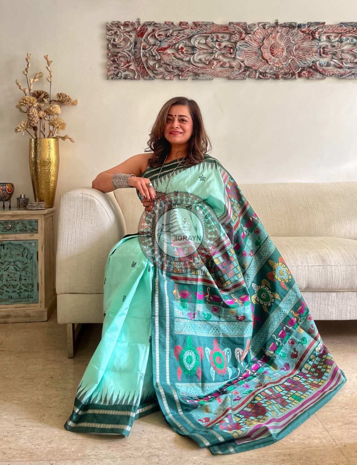 Aqua Green Chilika Theme Exclusive Sambalpuri Silk Saree