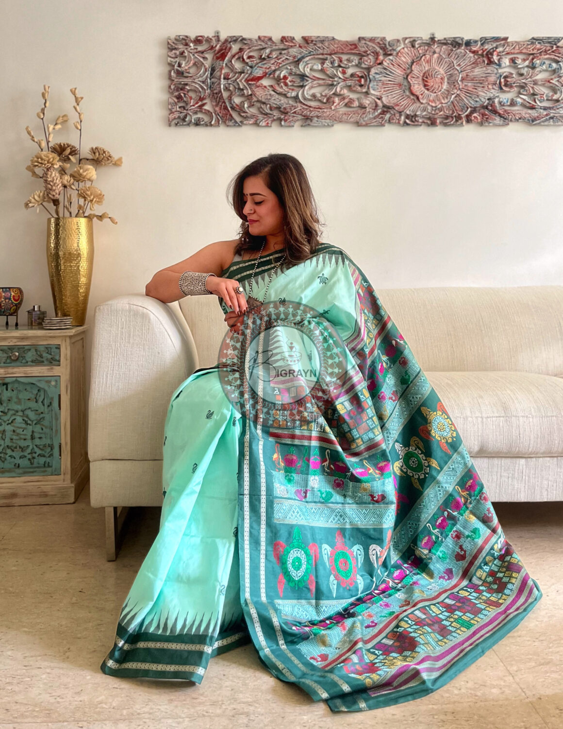 Aqua Green Chilika Theme Exclusive Sambalpuri Silk Saree