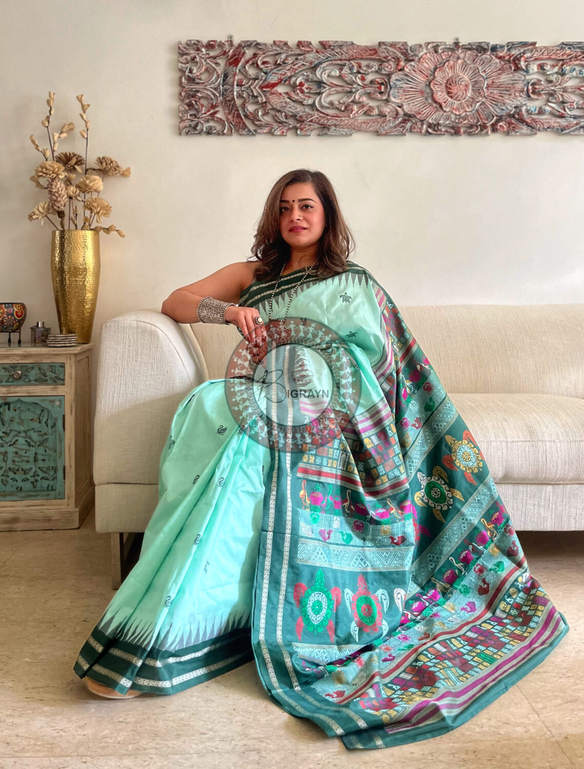 Aqua Green Chilika Theme Exclusive Sambalpuri Silk Saree