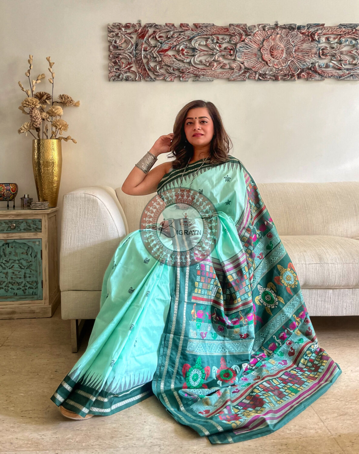 Aqua Green Chilika Theme Exclusive Sambalpuri Silk Saree