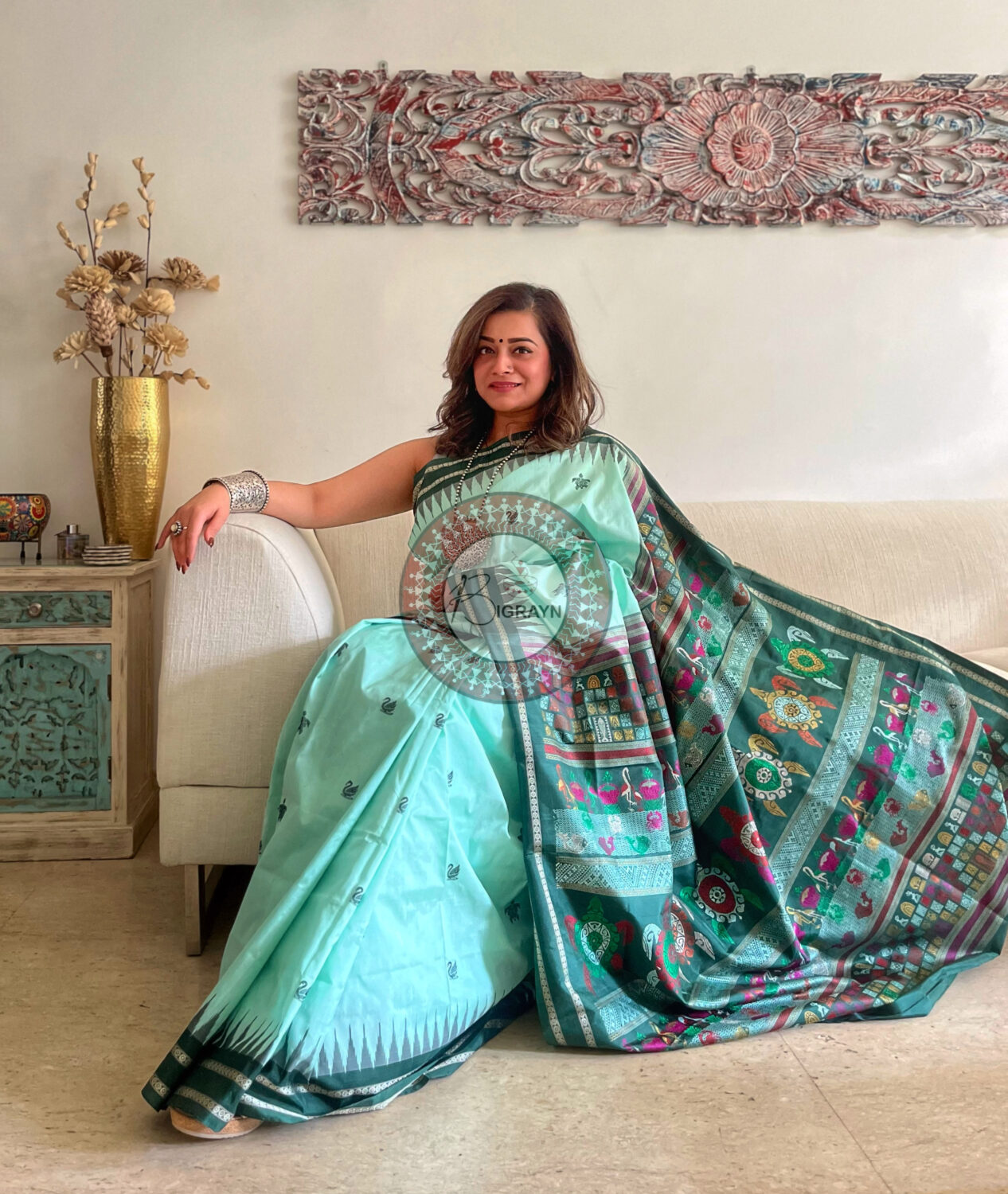 Aqua Green Chilika Theme Exclusive Sambalpuri Silk Saree