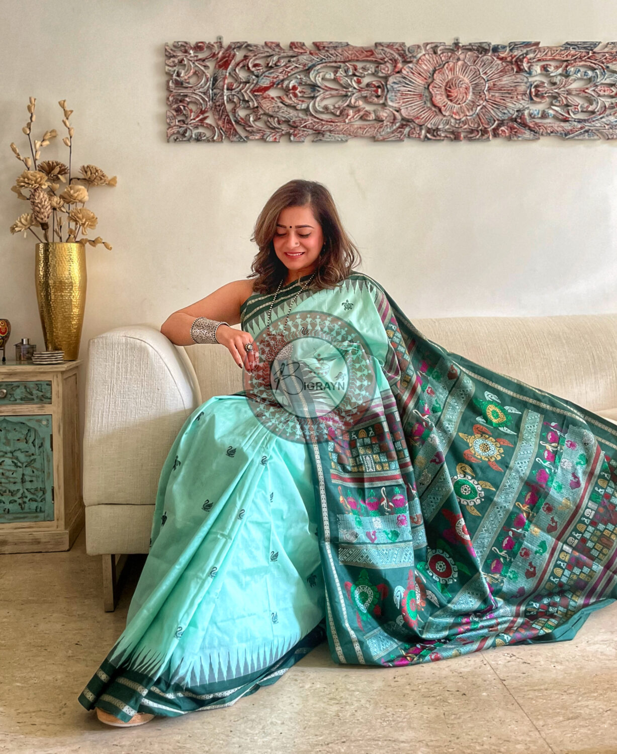 Aqua Green Chilika Theme Exclusive Sambalpuri Silk Saree