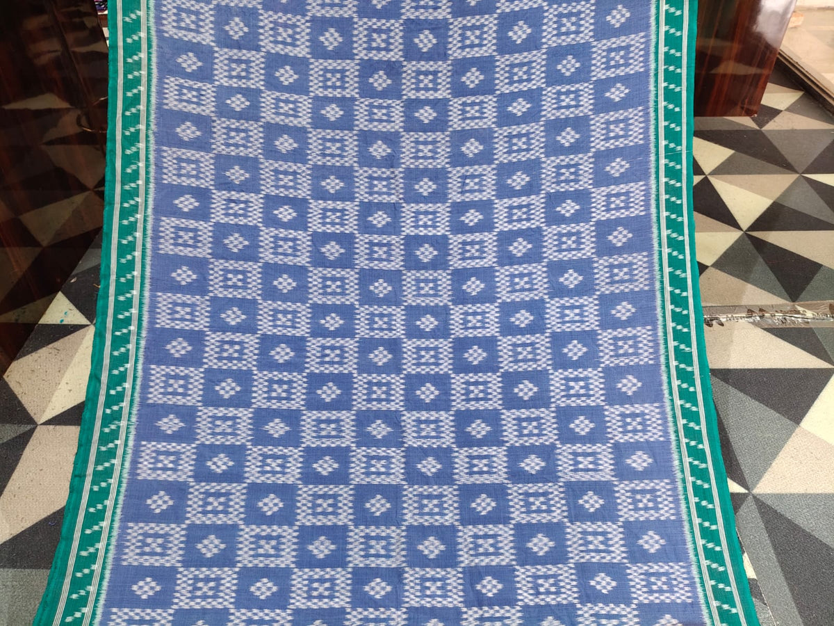 Indigo Blue Buttle Green Pasapali Design Khandua Cotton Saree