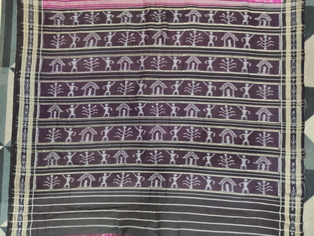 Magenta Black Tribal Design Khandua Cotton Saree