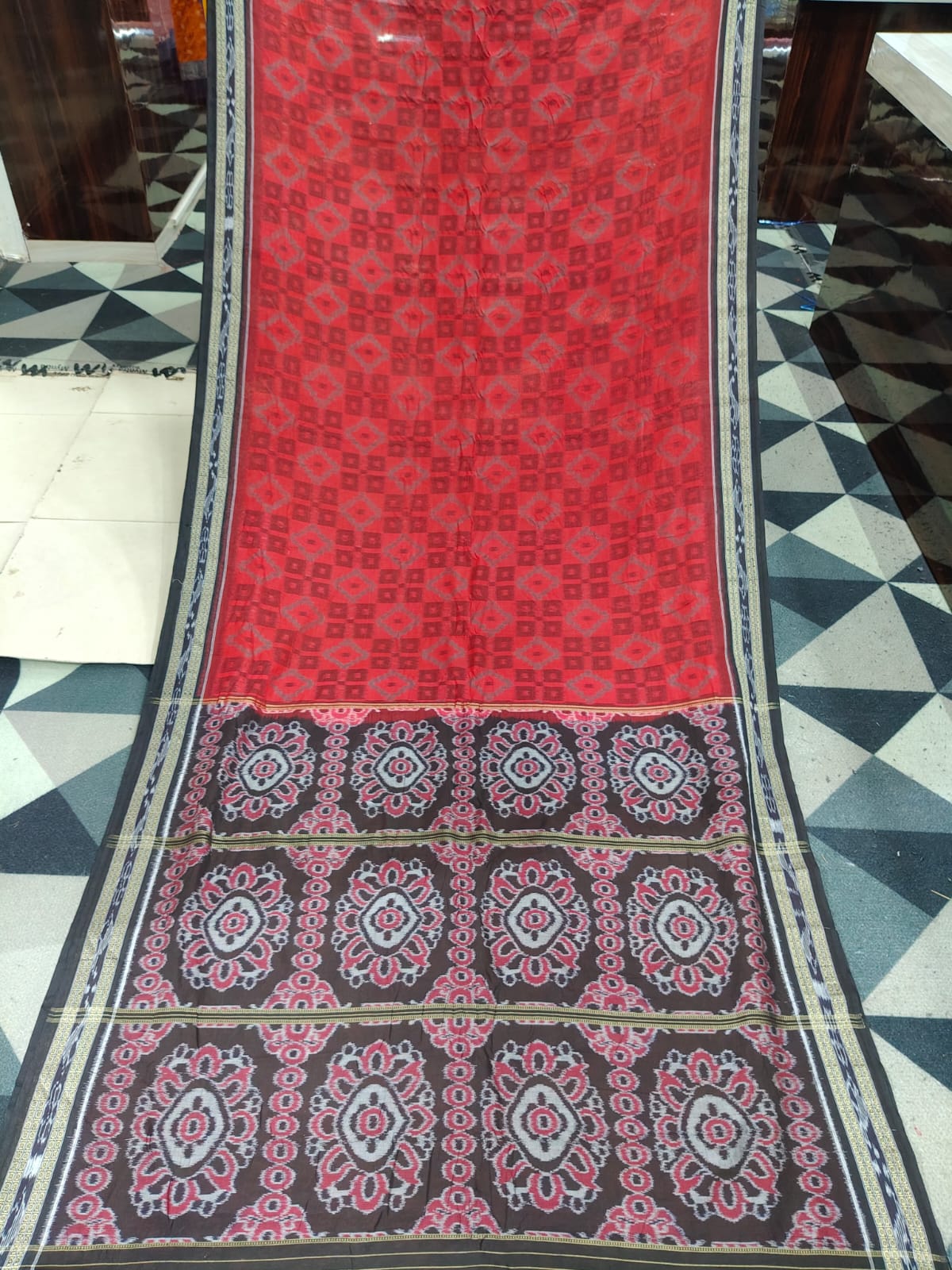 Maroon Black Box Design Khandua Cotton Saree