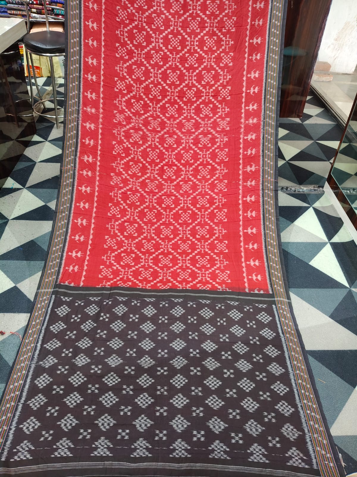 Maroon Black Pasapali & Scot Tribal Design Khandua Cotton Saree