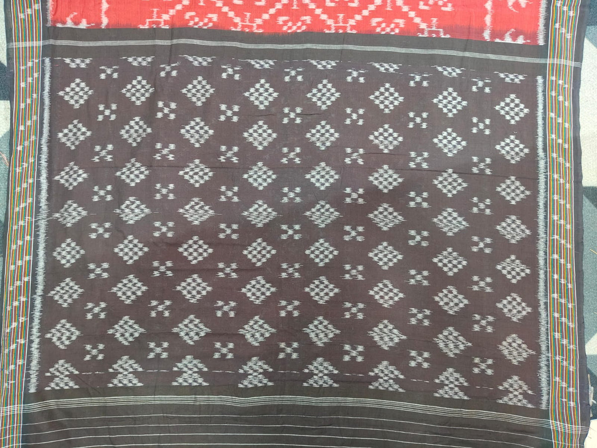 Maroon Black Pasapali & Scot Tribal Design Khandua Cotton Saree
