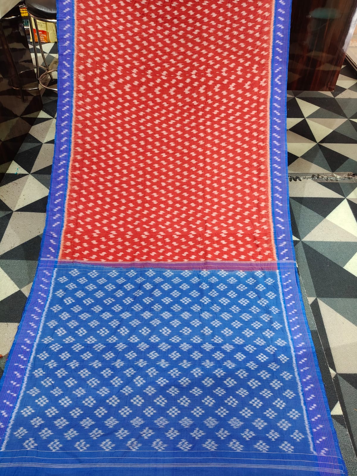 Maroon Blue Full Body Dots Design Khandua Cotton Saree