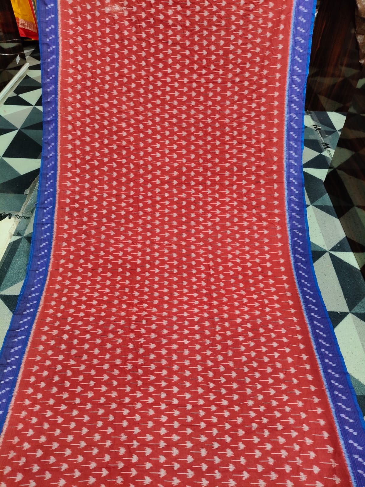 Maroon Blue Mashroom Design Khandua Cotton Saree
