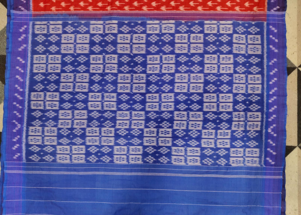 Maroon Blue Mashroom Design Khandua Cotton Saree