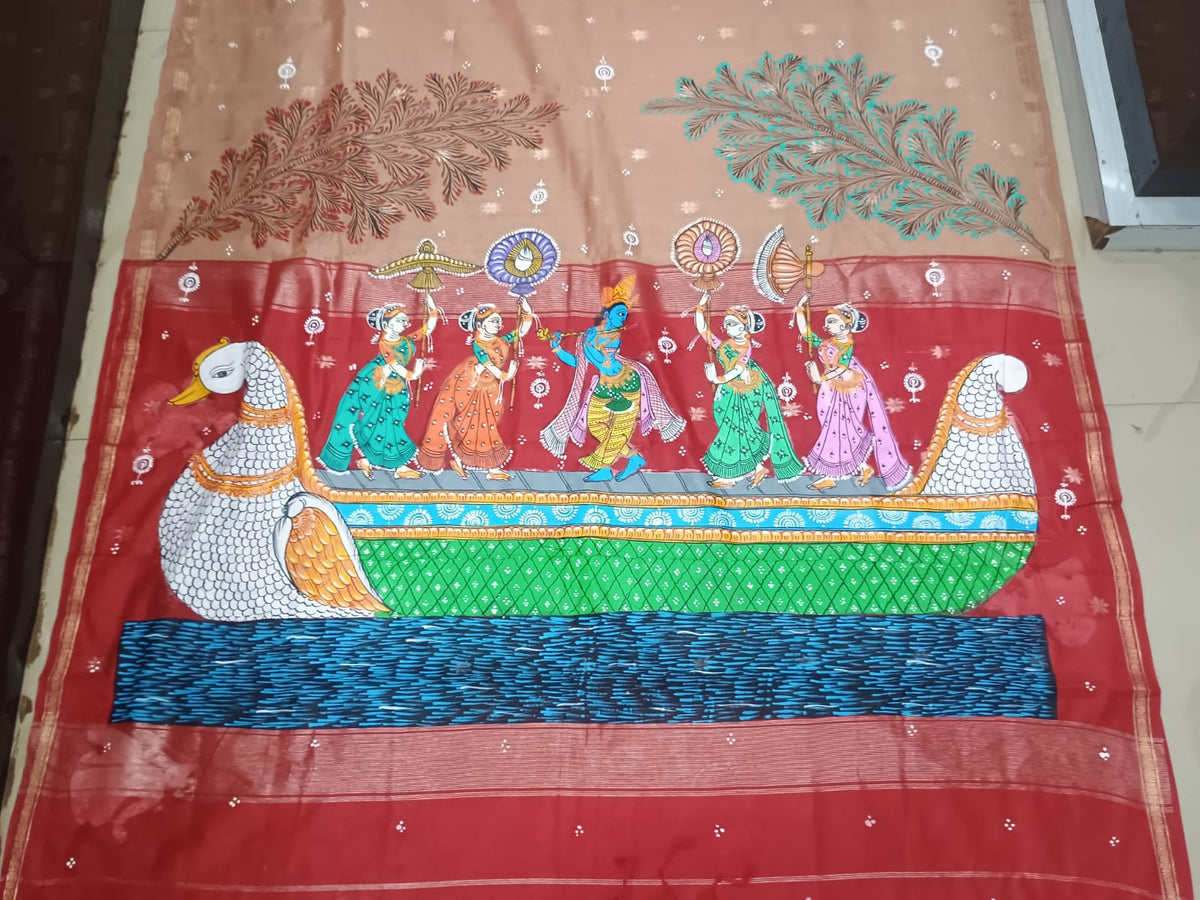 Beige & Red Hand-Painted Pattachitra Saree – South Cotton Nabakeli Boita Theme