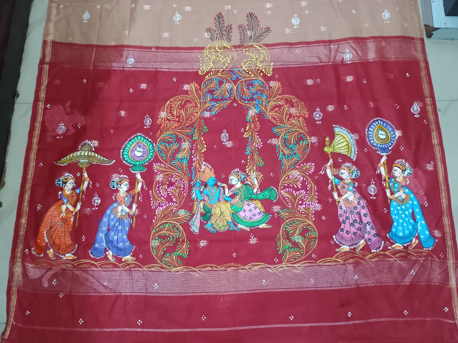Beige & Red Hand-Painted Pattachitra Saree – South Cotton Radha Krishna Raja Doli Rasa Theme