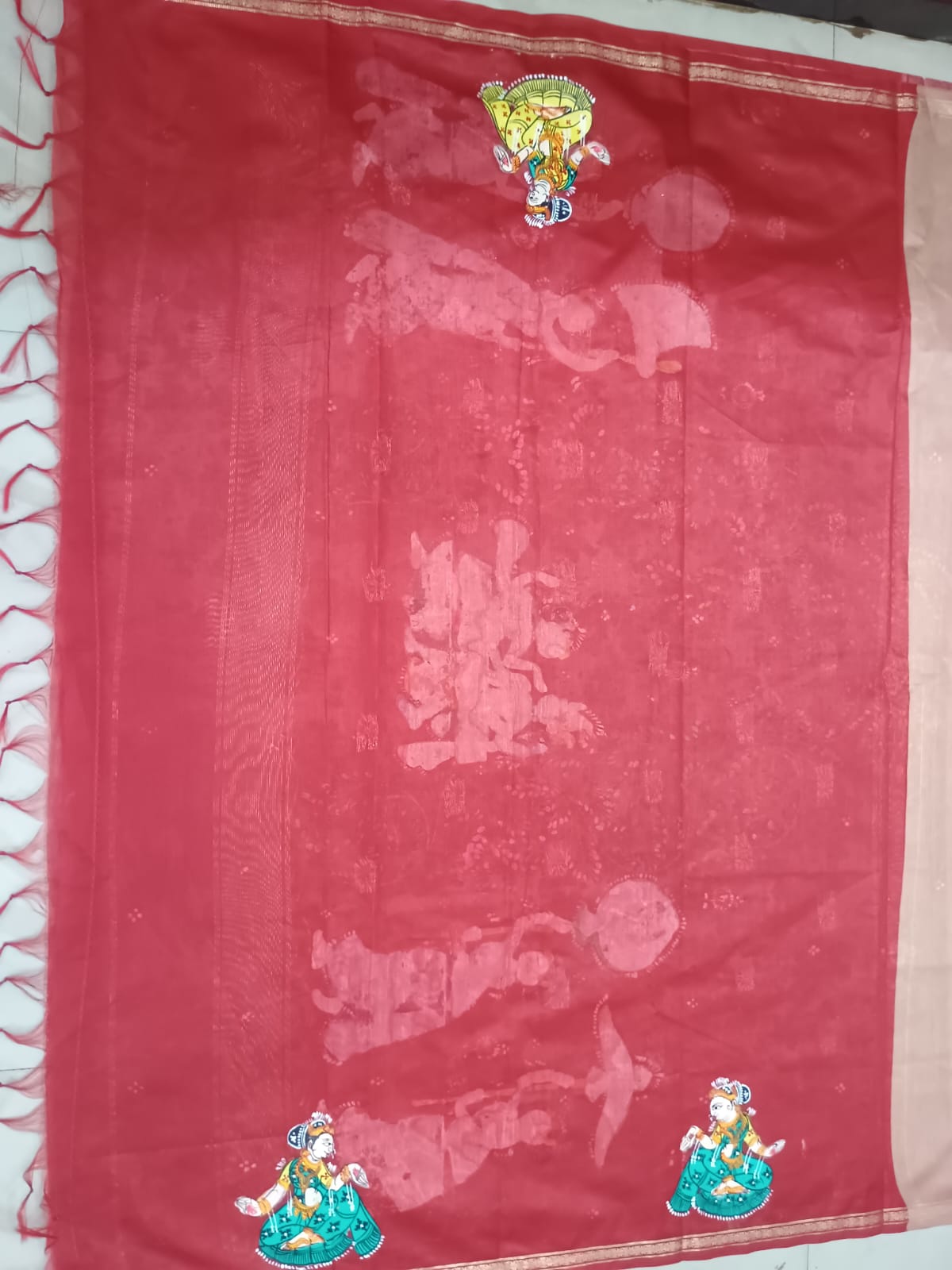 Beige & Red Hand-Painted Pattachitra Saree – South Cotton Radha Krishna Raja Doli Rasa Theme