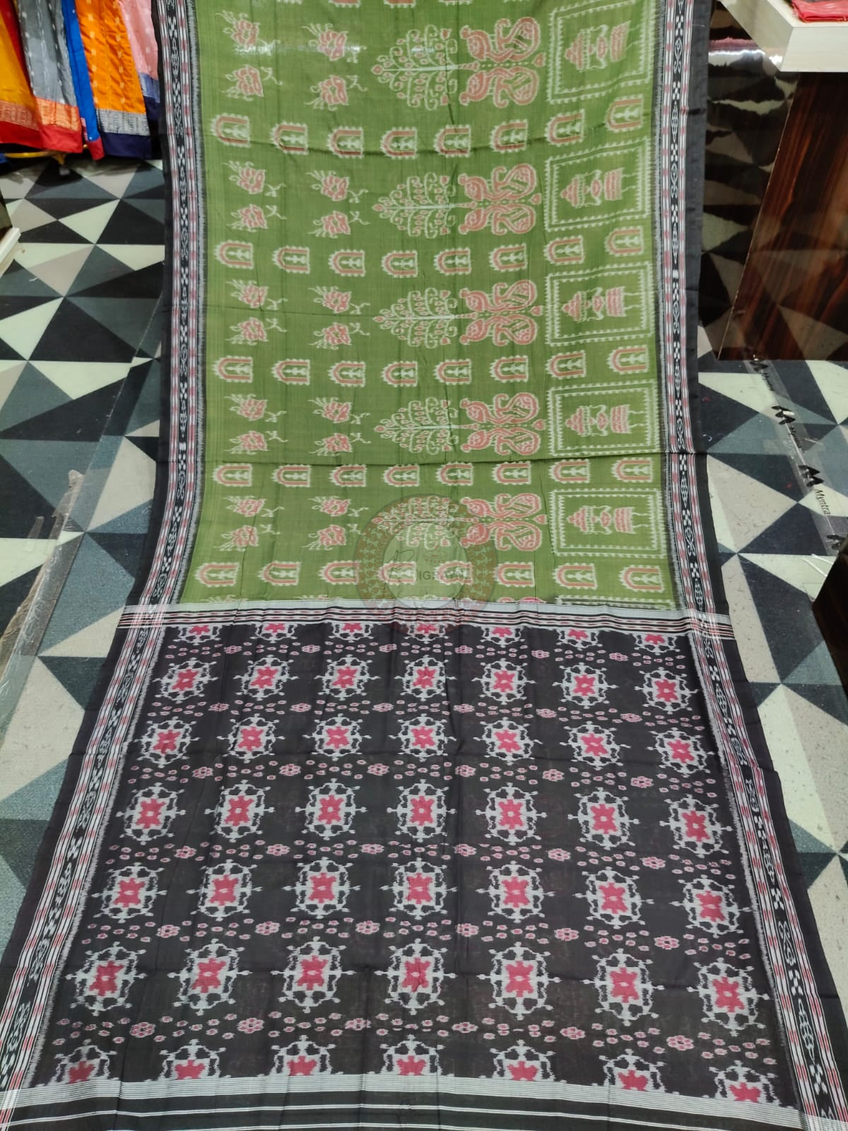 Mehendi Green Black Truibal And Tree Design Khandua Cotton Saree