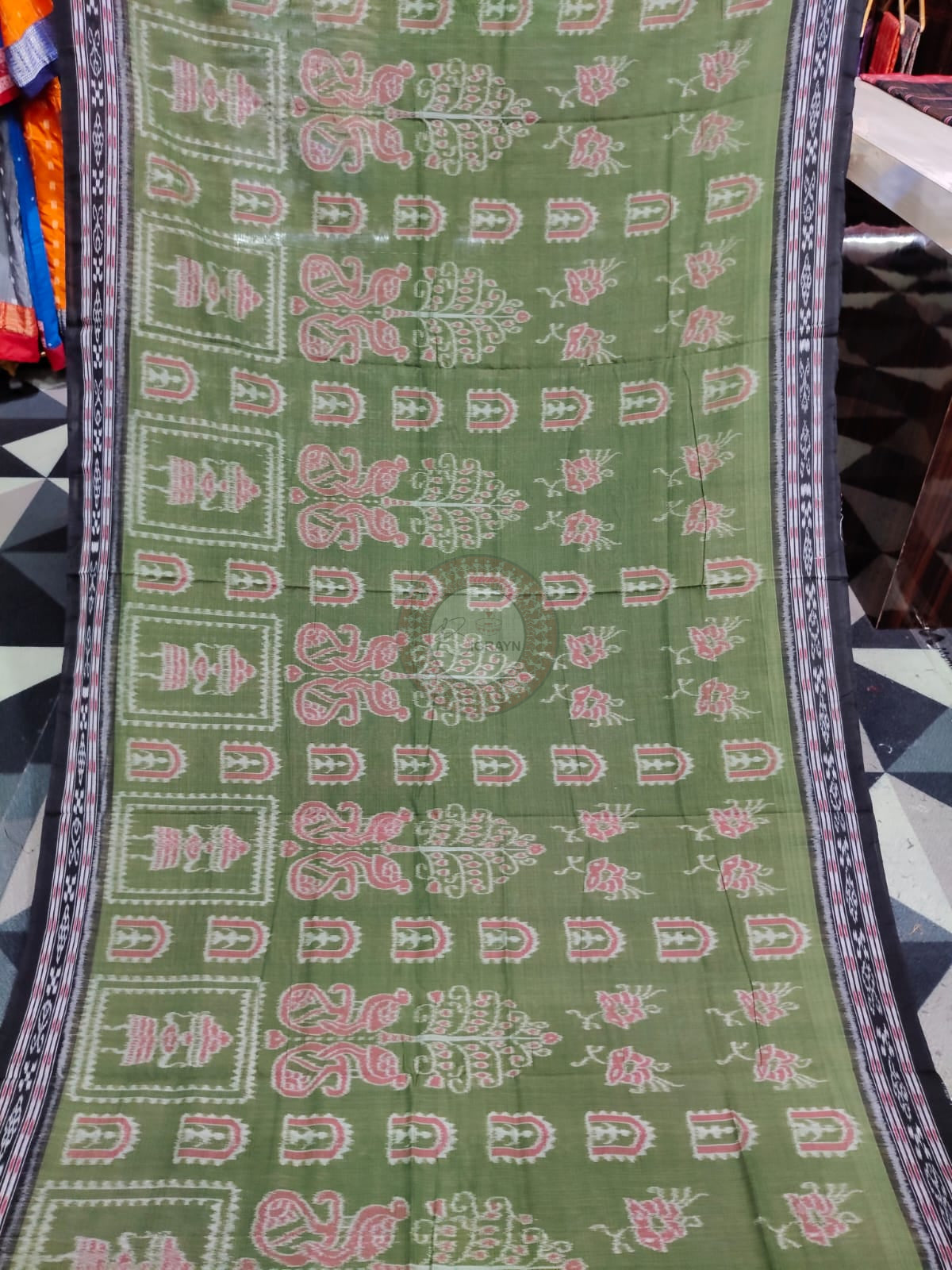 Mehendi Green Black Truibal And Tree Design Khandua Cotton Saree