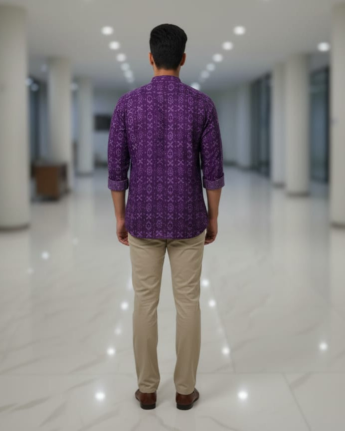 Purple Flower & Pasapali Design Odisha Handloom Cotton Men's Half Kurta