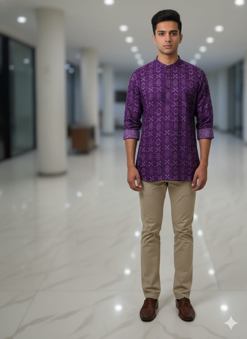 Purple Flower & Pasapali Design Odisha Handloom Cotton Men's Half Kurta