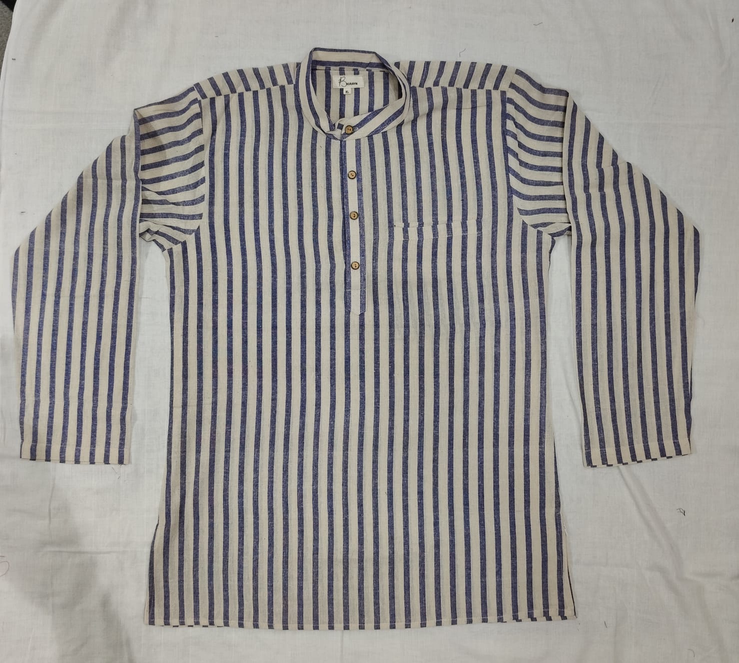 White Blue Striped Design Odisha Handloom Kotpad Cotton Men's Half Kurta