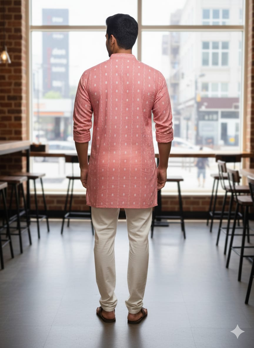 Peach Lata Design Odisha Handloom Cotton Men's Half Kurta