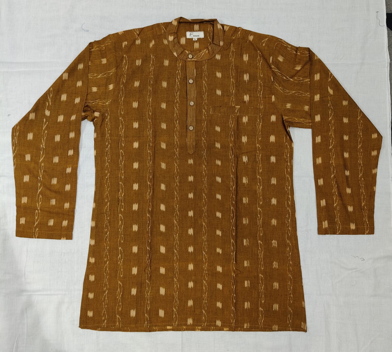 Mustard Yellow Lata Design Odisha Handloom Cotton Men's Half Kurta