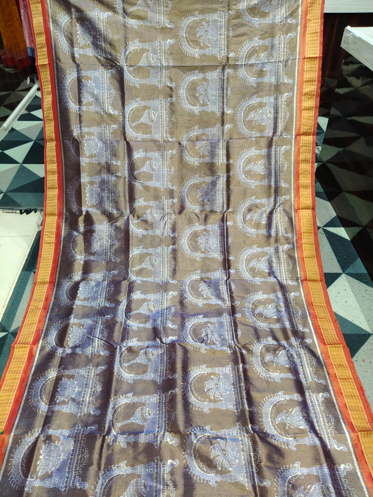 Metalic Bronze-Brown Red Traditional Motifs Sambalpuri Full Tissue Silk Saree