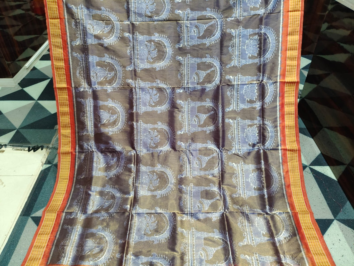 Metalic Bronze-Brown Red Traditional Motifs Sambalpuri Full Tissue Silk Saree