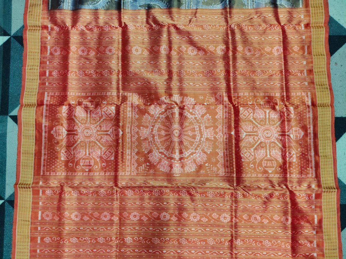 Metalic Bronze-Brown Red Traditional Motifs Sambalpuri Full Tissue Silk Saree