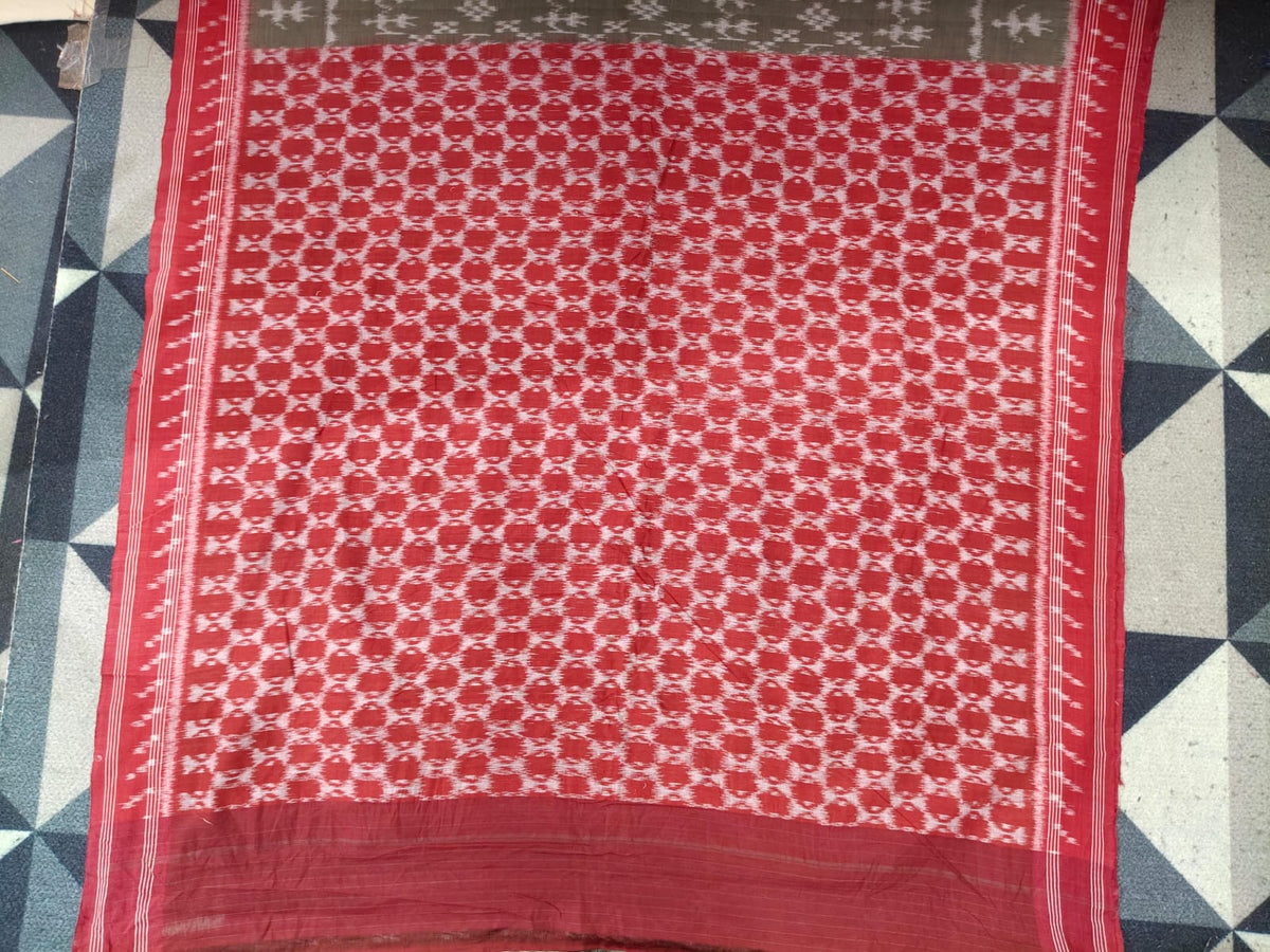 Moss Green Red Maroon Pasapali & Tribal Design Khandua Cotton Saree
