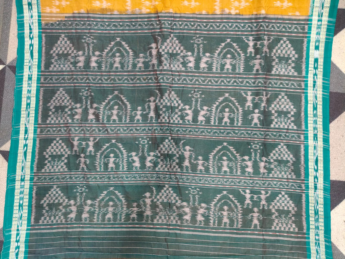 Mustard Yellow Green Tribal Design Khandua Cotton Saree