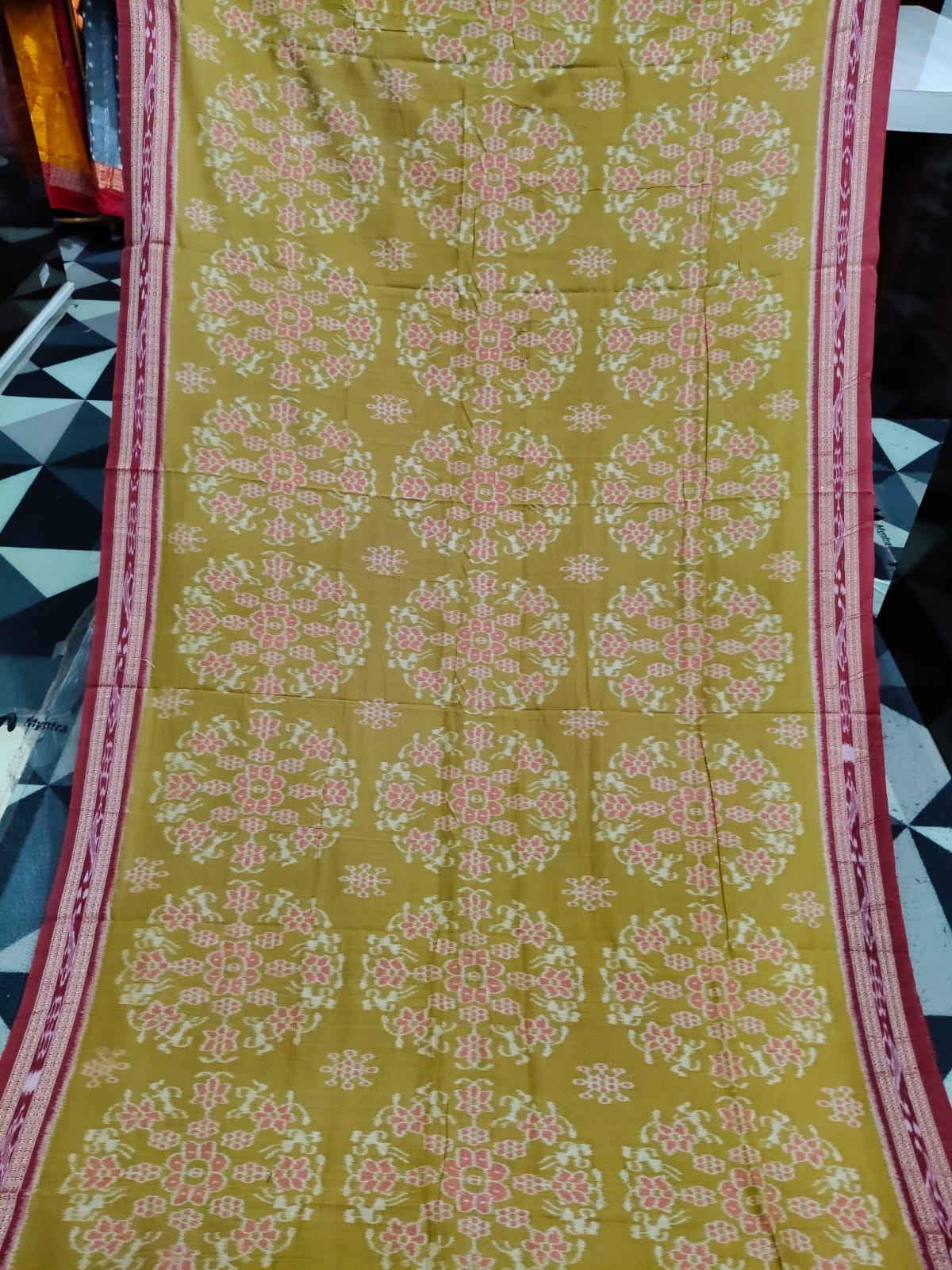 Mustard Yellow Maroon Round Tribal Design Khandua Cotton Saree
