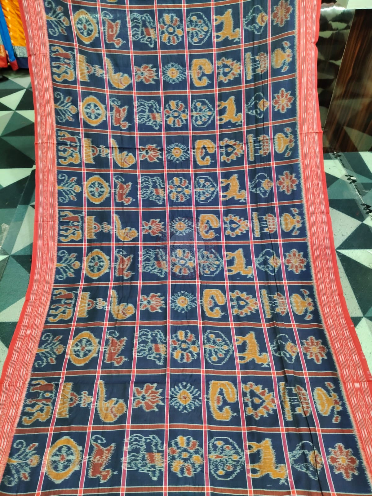 Navy Blue Red Nabakothi Design Khandua Cotton Saree