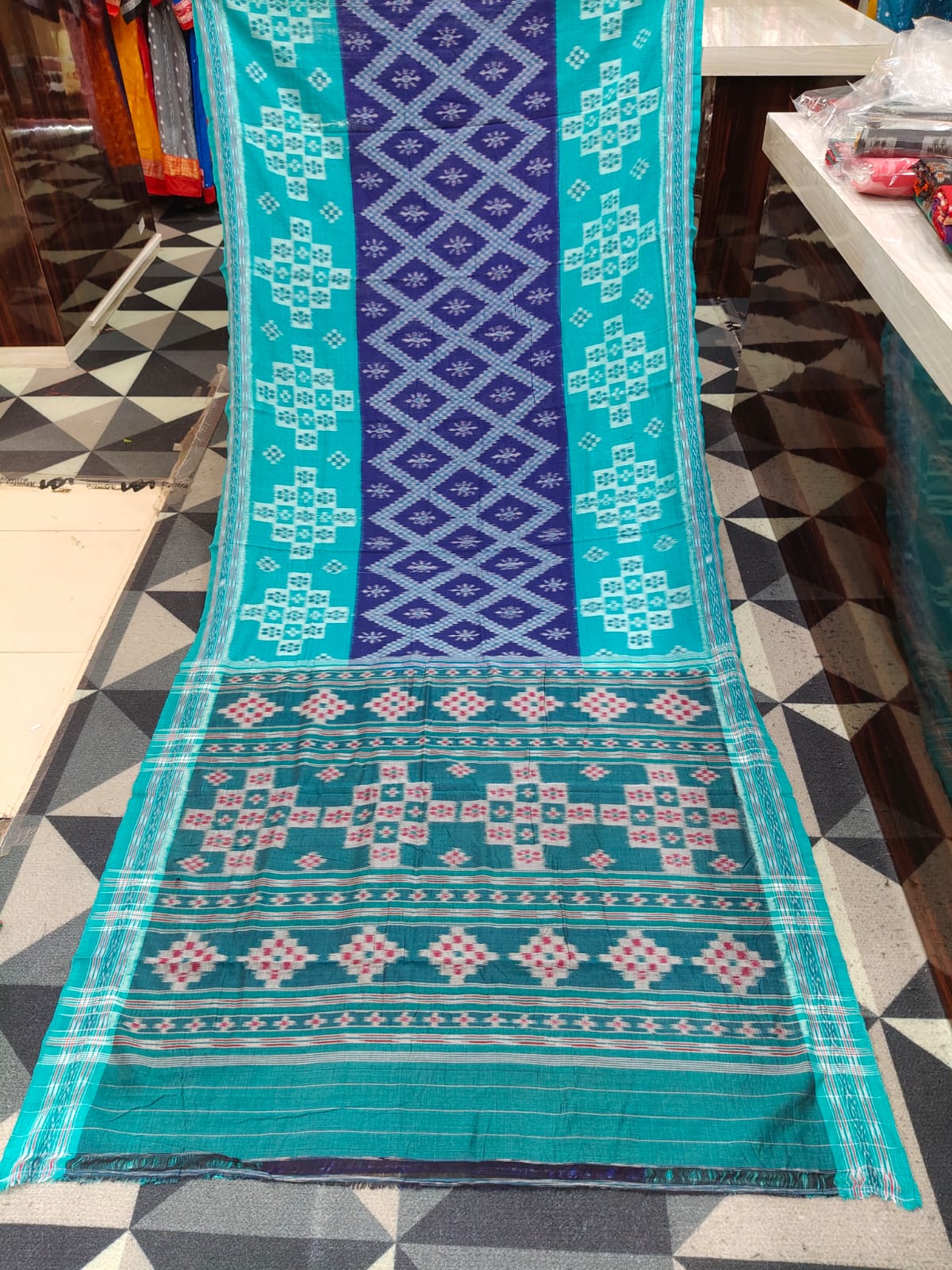 Navy Blue Sea Green Tarabali Design Khandua Cotton Saree