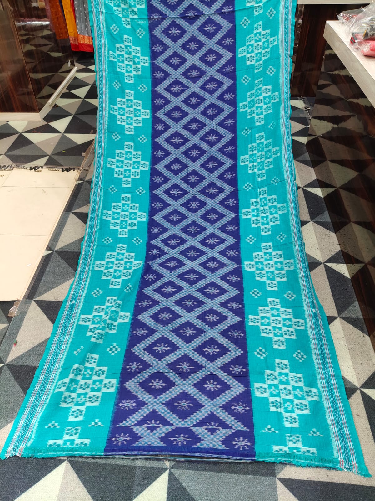 Navy Blue Sea Green Tarabali Design Khandua Cotton Saree