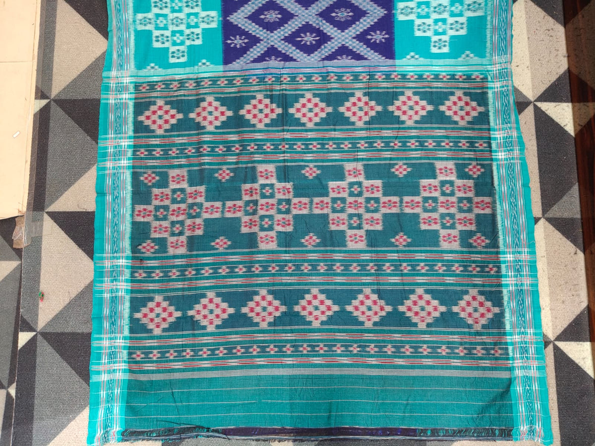 Navy Blue Sea Green Tarabali Design Khandua Cotton Saree