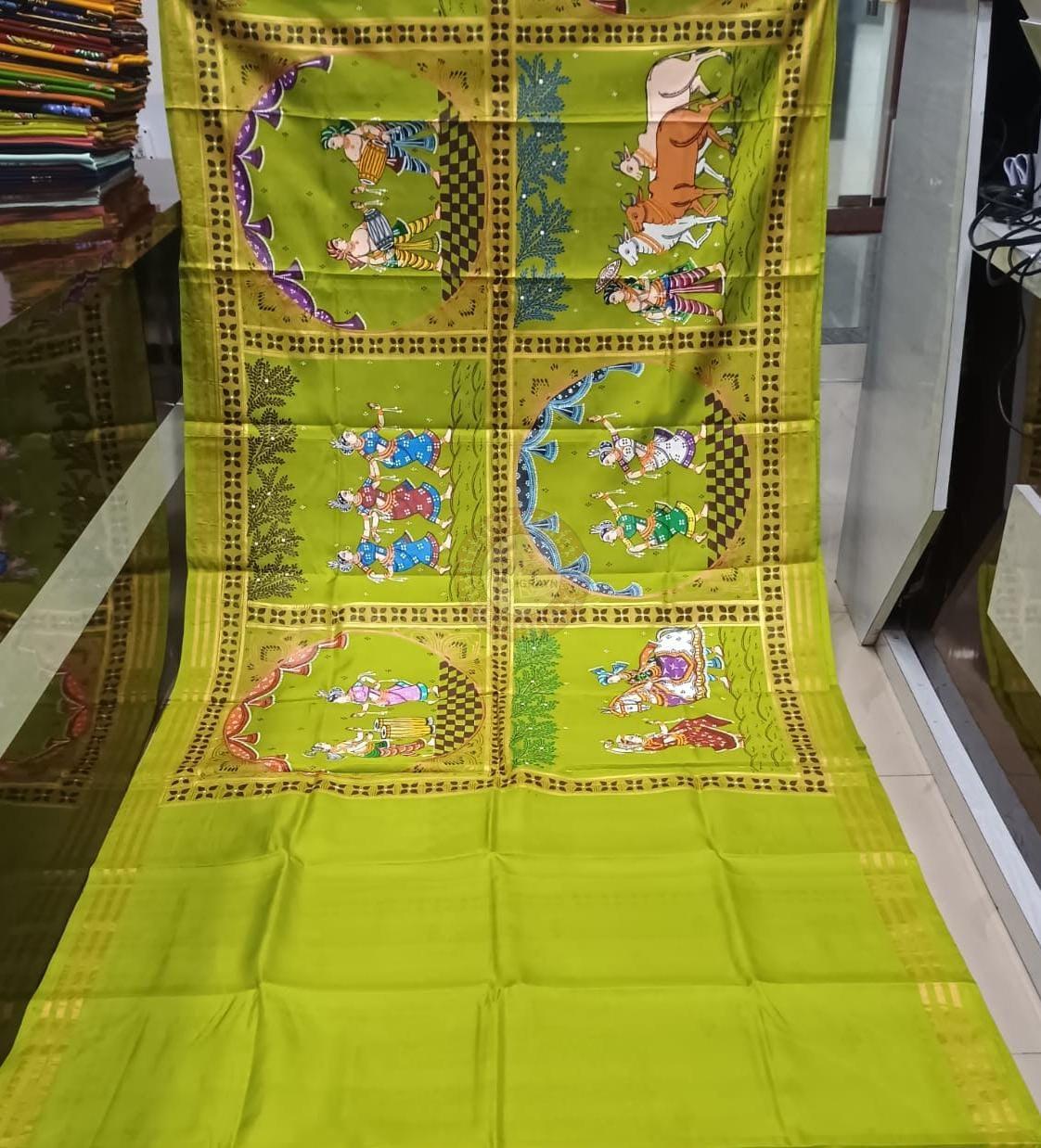 Neon Green Big Box With Chaiti Ghoda Pallu Theme Pattachitra Kanjeeveram Silk Saree