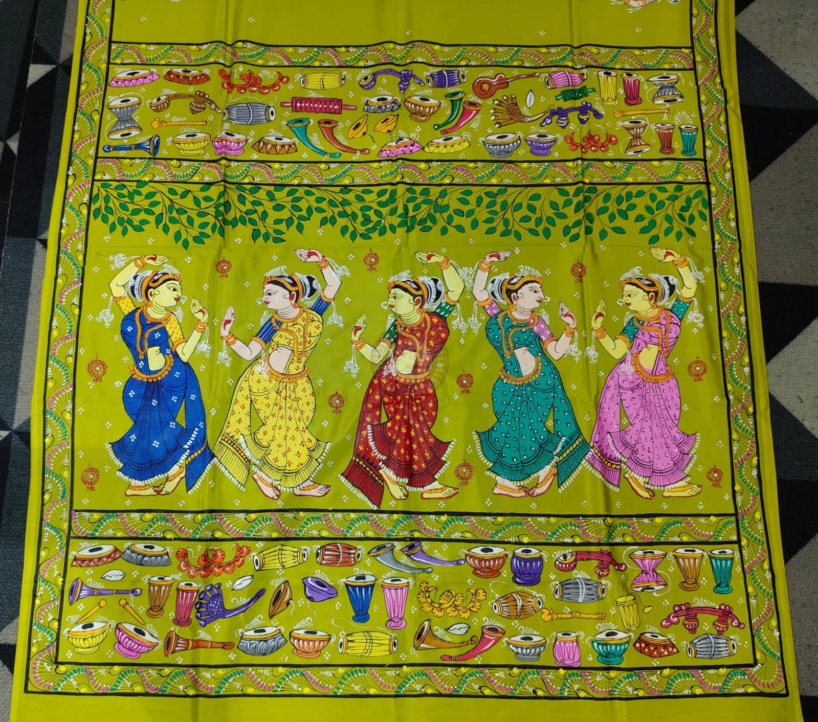 Neon Green Dancer And Musical Instruments Theme Pattachitra Khadi Silk Saree