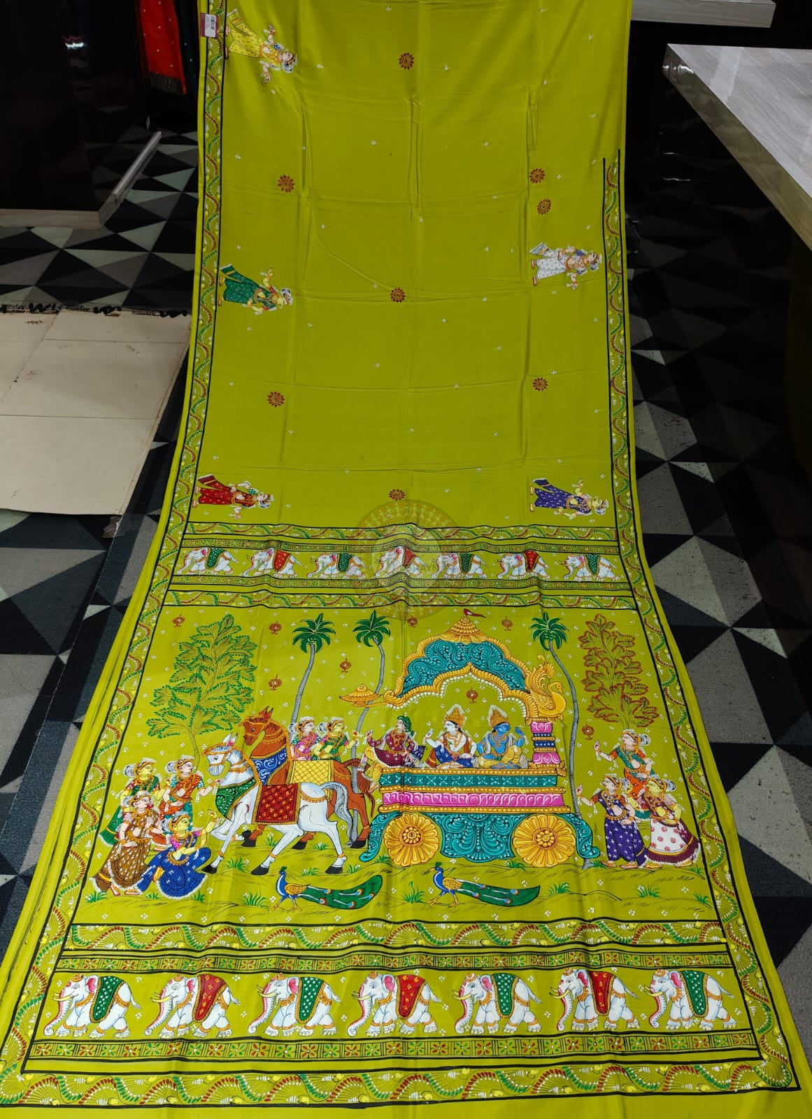 Neon Green Mathura Vijay Theme Pattachitra Khadi Silk Saree
