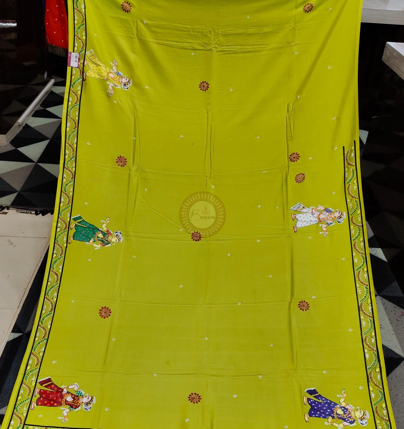 Neon Green Mathura Vijay Theme Pattachitra Khadi Silk Saree