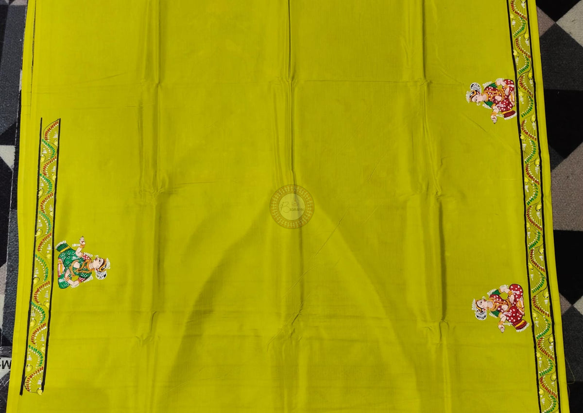 Neon Green Mathura Vijay Theme Pattachitra Khadi Silk Saree