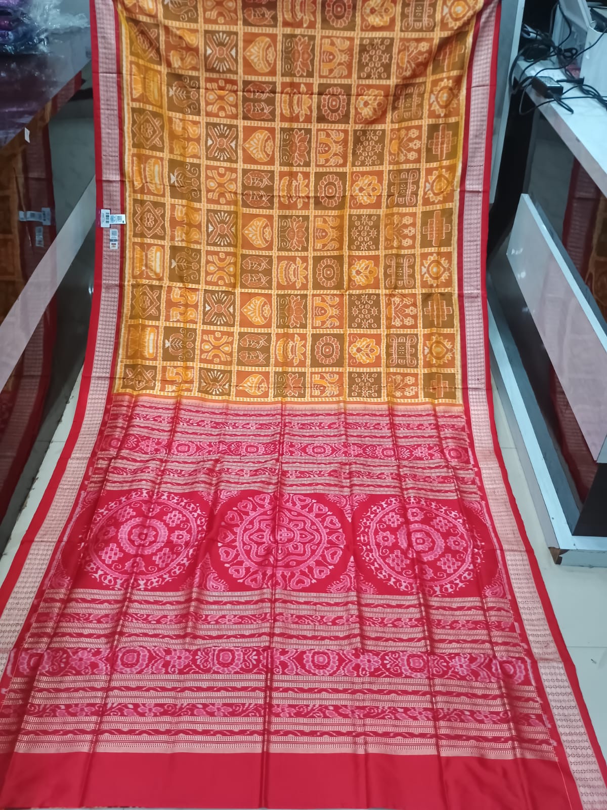 Orange Red Nabakothi Design Sambalpuri Silk Saree