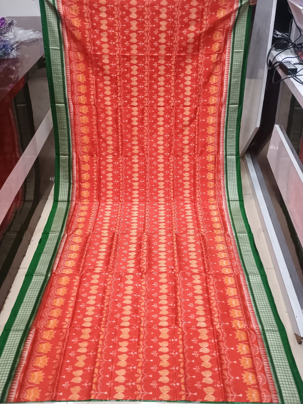 Orange Green Tribal And Tree Scot Lotus Design Sambalpuri Silk Saree
