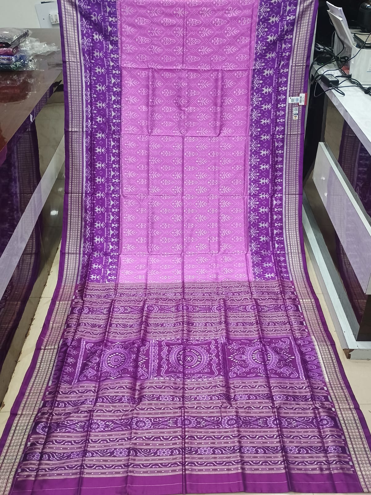 Pink & Deep Purple Tribal And Tree Design Sambalpuri Silk Saree