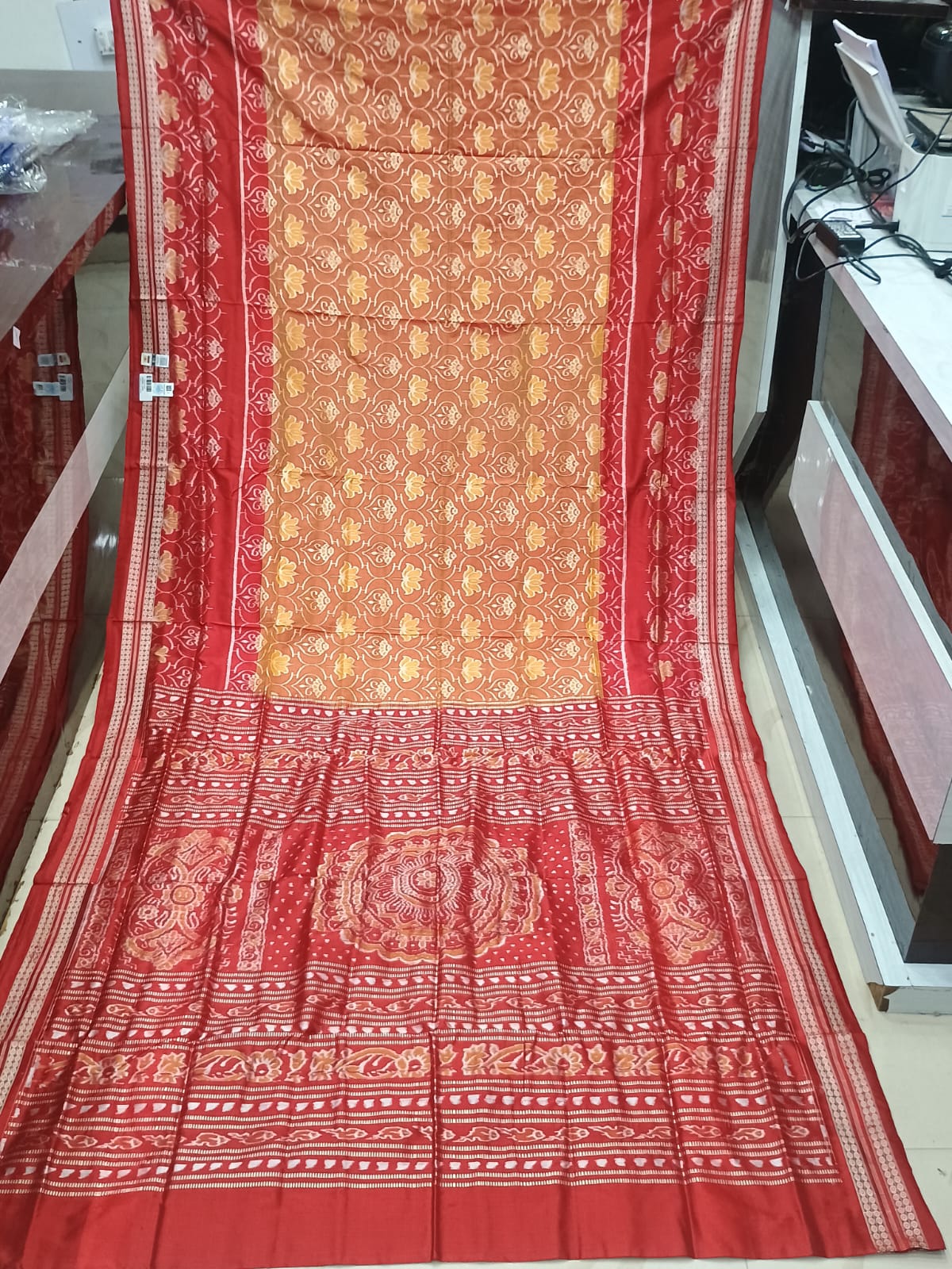 Rust Orange Red Lotus Design Sambalpuri Silk Saree