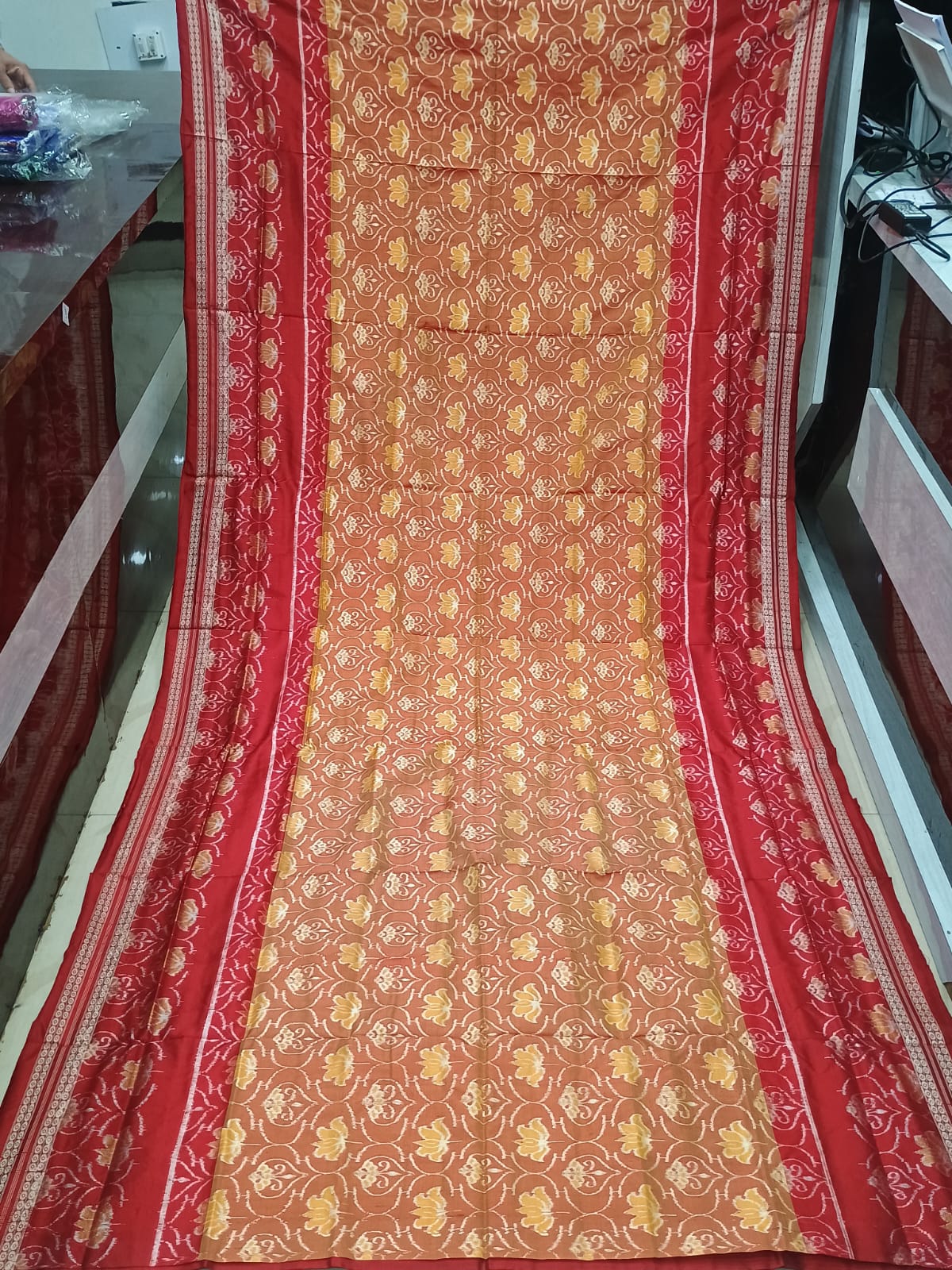 Rust Orange Red Lotus Design Sambalpuri Silk Saree
