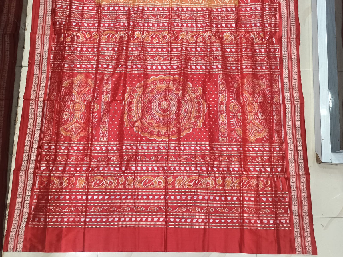 Rust Orange Red Lotus Design Sambalpuri Silk Saree