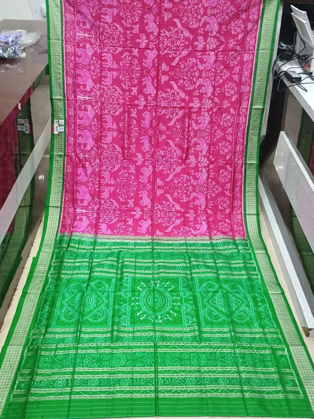 Rani Pink Green Jungle Design Sambalpuri Silk Saree